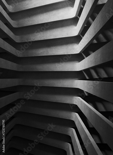 Black and white. Beautiful modern concrete abstract architectural design. Black and white striped stairs. 3D rendering illustration. Architectural background