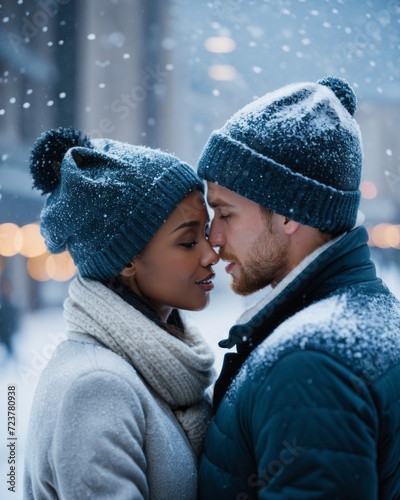 A man and a woman in winter clothes kissing in the snow on a snowy city street.