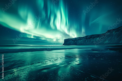 The vibrant aurora dances above the peaceful beach, illuminating the winter night with a breathtaking display of nature's light