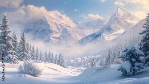 a wonderful image made by artificial intelligence of a winter landscape with snowy mountains © Sndor