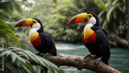 Two toucan tropical bird sitting on a tree branch near river