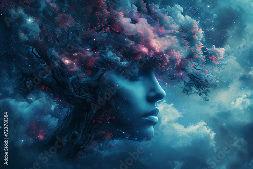A woman's serene face gazes up at the majestic tree, her connection to nature reaching beyond the sky