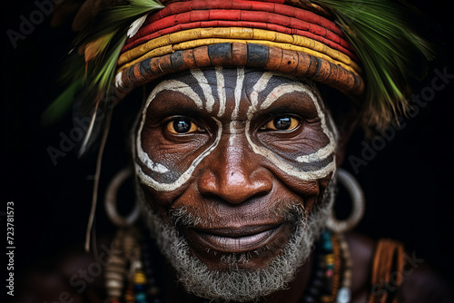 Generative AI close up photo of confident man native african tribe traditional pattern on face
