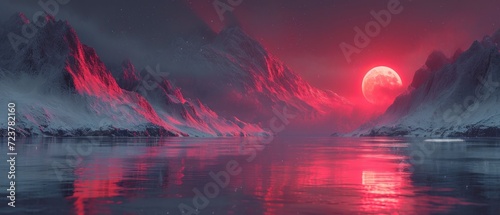 Snowy mountains symmetry, evening red sun