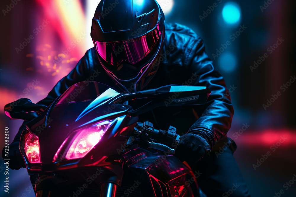 Ai generated illustration image of video game personage cyberpunk driving motorcycle speed motion neon illuminated city Ai generated illustration image of video game personage cyberpunk driving motorcycle speed motion neon illuminated city
