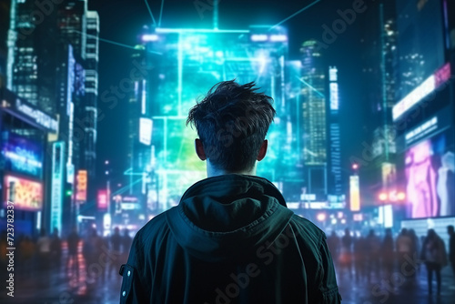 Ai generated back view picture of male cyborg personage in a cyberpunk city illuminated neon colors
