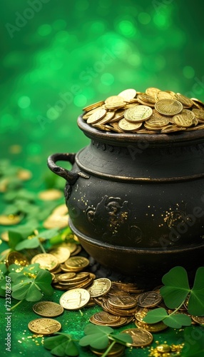 Pot-bellied pot full of gold coins standing on a green blurred background surrounded by clover leaves and coins. Celebrating St. Patrick's Day.