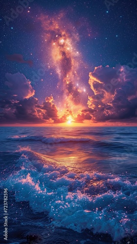 A long exposure shot of big water waves, in a calm night sea of stars, great reflection in the water at the horizon, in the style of space wallpaper