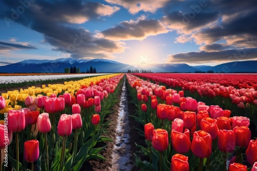 colorful background field of multi-colored tulip #723782948
