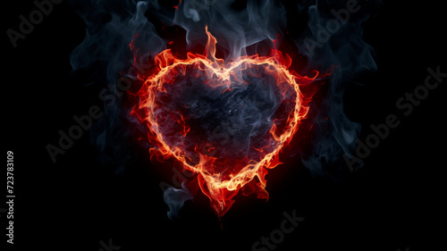 Burning heart made of flames on dark background