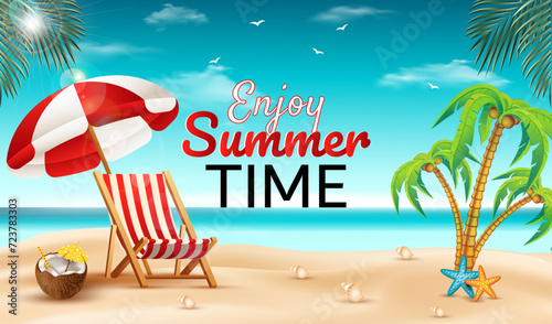 Summer Party Social Media Post Template with vector realistic background for summer season with sunshine, and palms leaves.