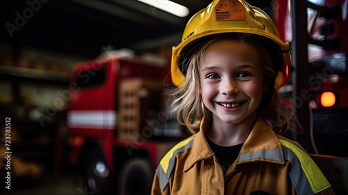 Smiling girl wearing a firefighter uniform