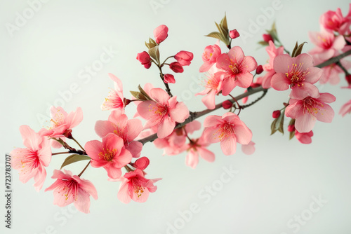Close-up Sakura blossom branch on the white background. Top view  copy space  card  flat lay.