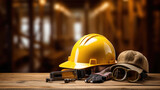 Hard hat and worker equipment on wooden table