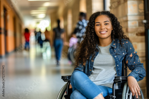 Female student in wheelchair in the school hallway
