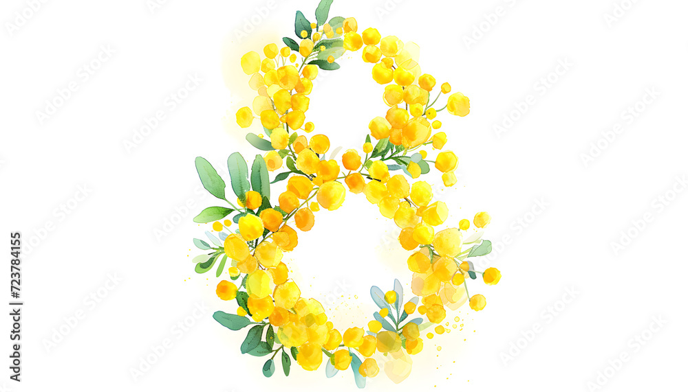 Flat Watercolor Illustration of Number Eight with Mimosa Flowers for Women's Day