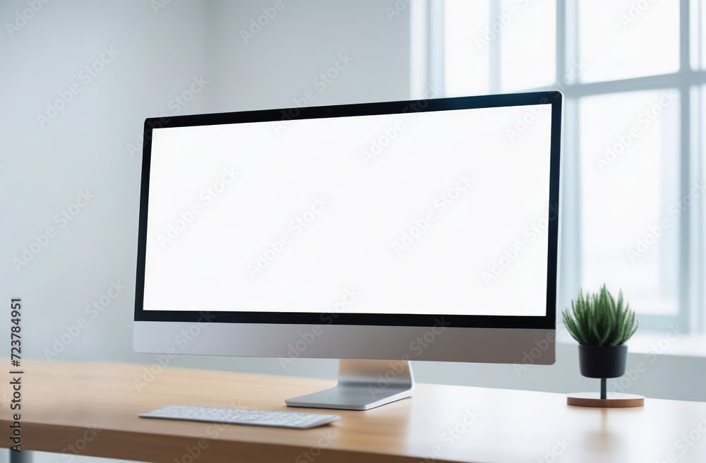Fototapeta premium Desk Laptop with blank screen on table of modern office, window light. Minimal. LED computer flat white screen display monitor. Mock up, template for business, technology, internet, design, programmer