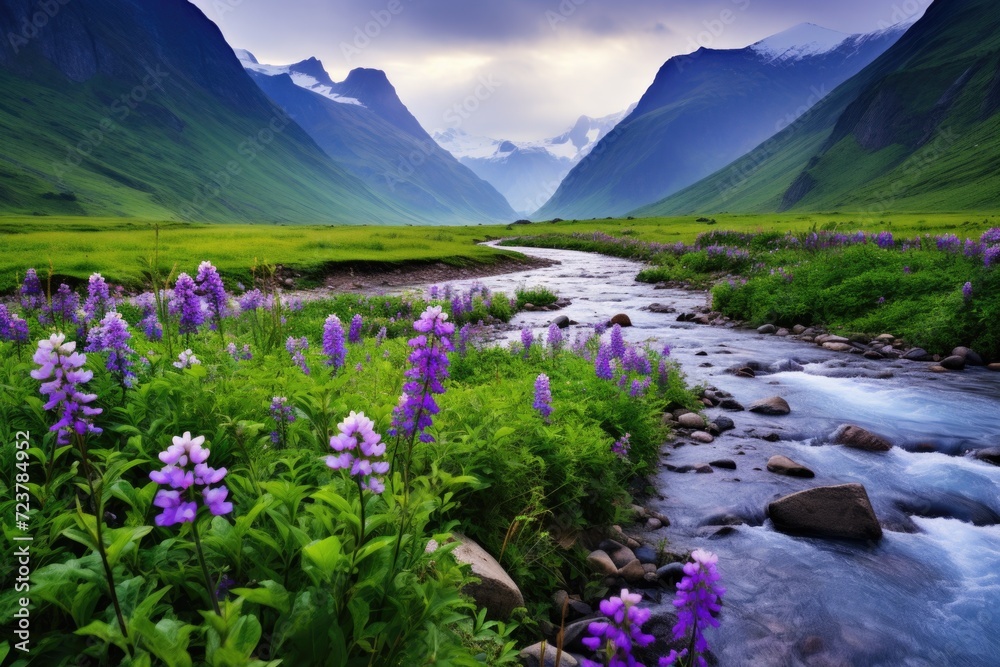 colorful mountain landscape, with a mountain river and meadow flowers