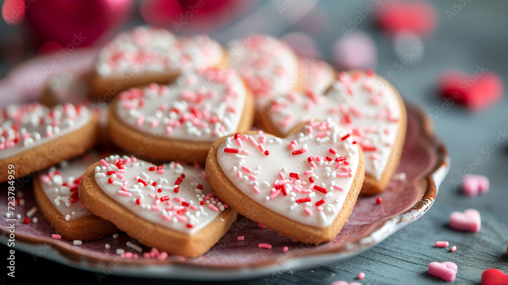 a plate of homemade heart-shaped cookies with icing and sprinkles. symbol of valentine's day, love and relationship