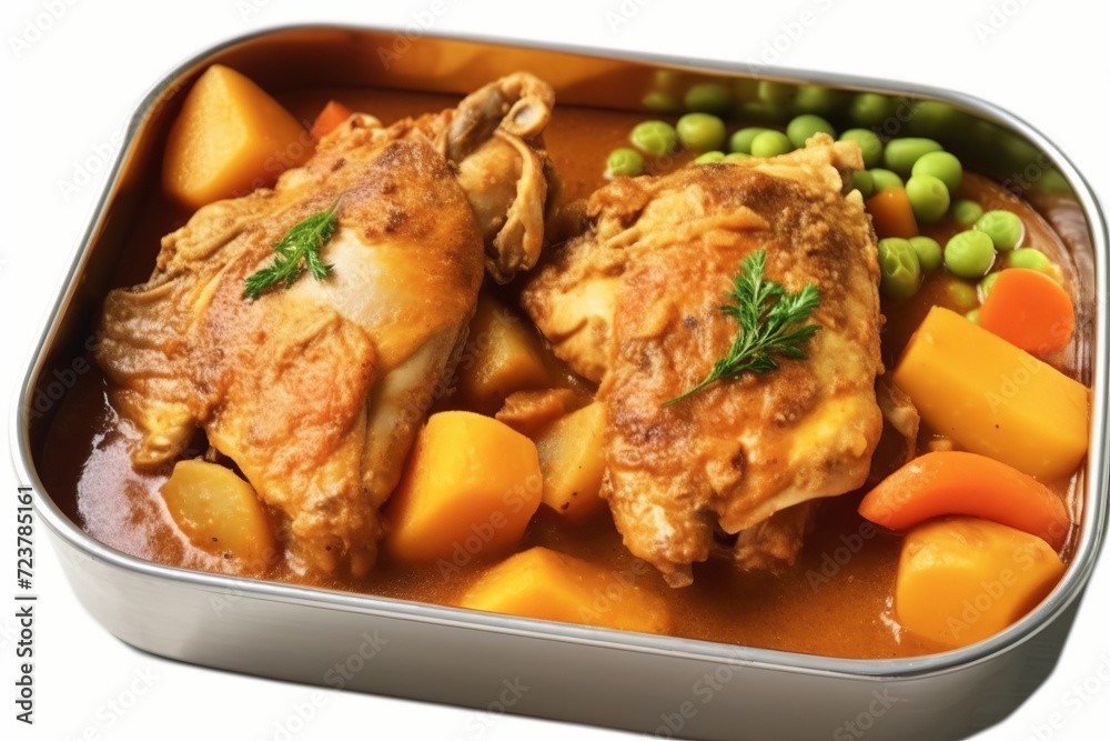 grilled chicken leg with vegetables cooked in tomato soup, INGREDIENTS: tomato soup, carrot pieces, slices potato pieces, green peas, served on aluminum box