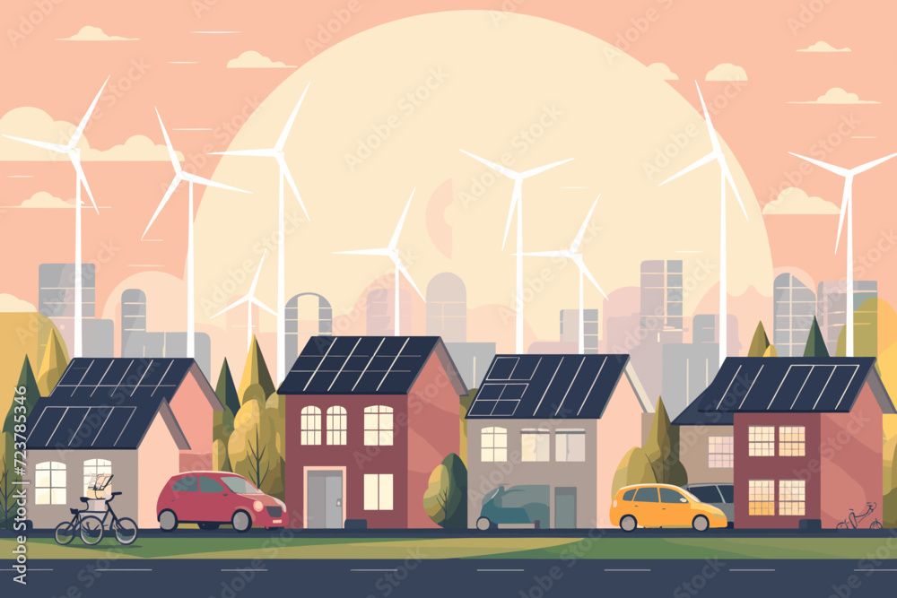 Green Energy and Sustainable Living, Eco-friendly Home and Urban Environment Concept, Solar Panels, Wind Turbines, and Electric Cars Illustration