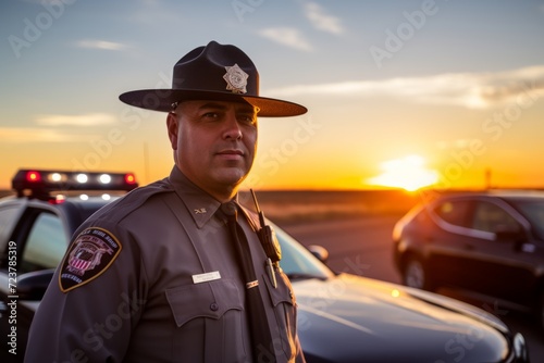 A Highway Patrol Officer in uniform, standing proudly with his patrol car on the open road as the sun sets © aicandy