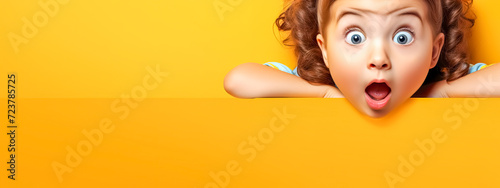 Shocked young girl peeking over edge with wide eyes on yellow background