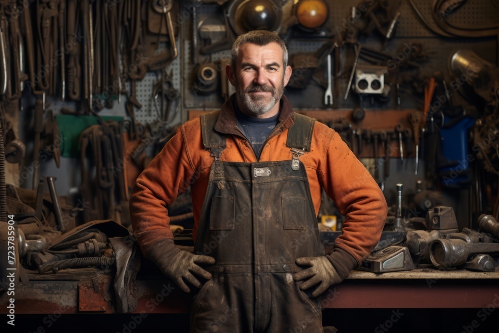 Portrait of a dedicated industrial mechanic, his hands marked by work, amidst a sea of tools and machine components in his workshop