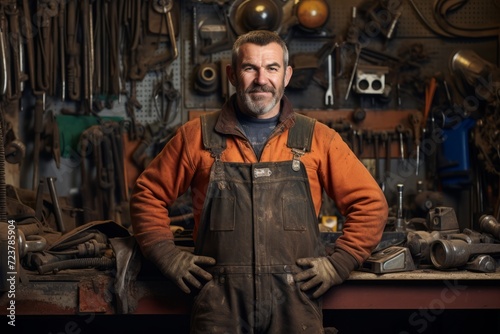 Portrait of a dedicated industrial mechanic, his hands marked by work, amidst a sea of tools and machine components in his workshop