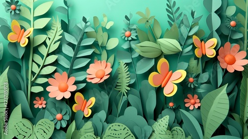 Paper art of a dense green foliage with orange and yellow flowers and butterflies