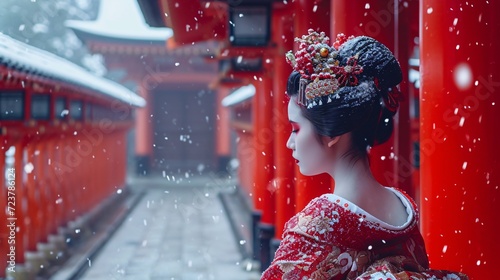 a beautiful geisha in a red kimono