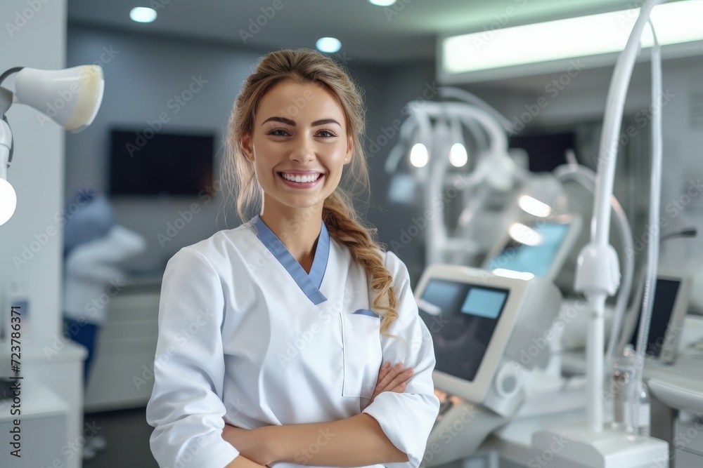 Fototapeta premium Woman in White Lab Coat With Dental Equipment