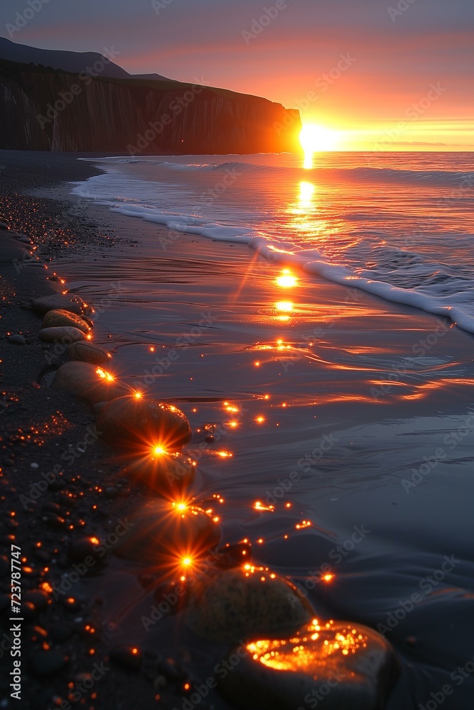 Sunlight reflections dance over pebbles on a serene beach at sunset.
