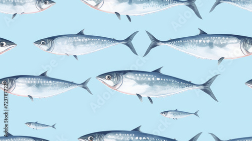 Fish pattern on blue background. Top view. Creative design for packaging. Food seamless pattern. Seafood, dorado fish concept