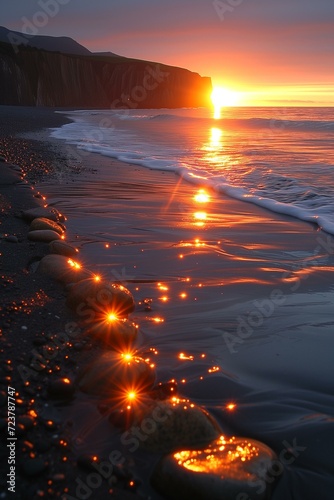 Sunlight reflections dance over pebbles on a serene beach at sunset.