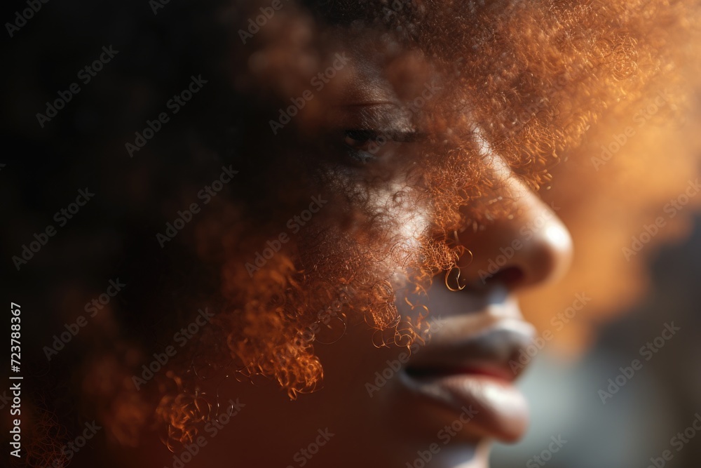 A close-up view of a woman's face with frizzy hair. This image can be used to depict natural beauty, diverse hairstyles, or haircare products - obrazy, fototapety, plakaty 