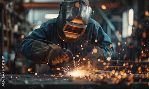 Industrial Welder Working with Intense Sparks in Metal Workshop