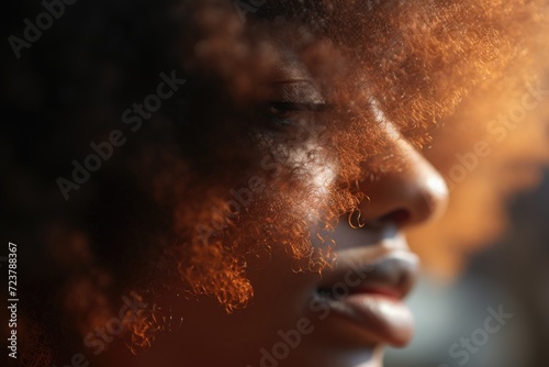 A close-up view of a woman's face with frizzy hair. This image can be used to depict natural beauty, diverse hairstyles, or haircare products