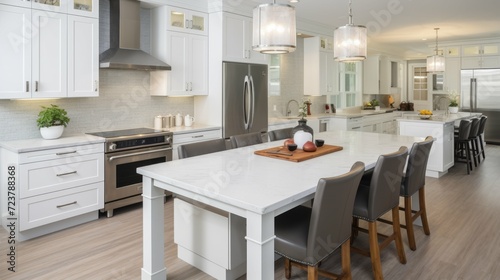 Spacious Kitchen With Central Island and White Cabinets