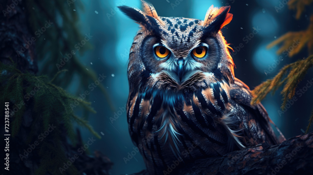 An Eurasian Eagle Owl staring at something out of shot in a woodland setting An Eurasian Eagle Owl staring at something out of shot in a woodland setting