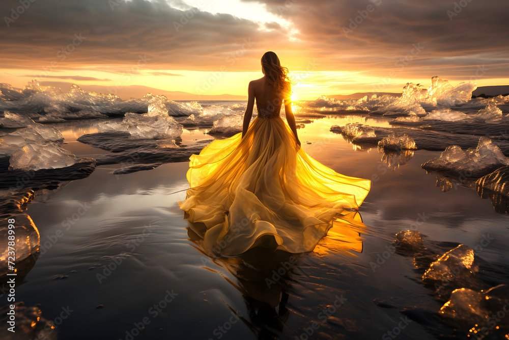 beautiful woman in a lush yellow dress on the shore of Iceland among the ice looks at the sunset.
