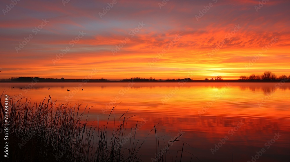 A breathtaking panoramic view of a sunset with vibrant reds and oranges reflecting on a lake.