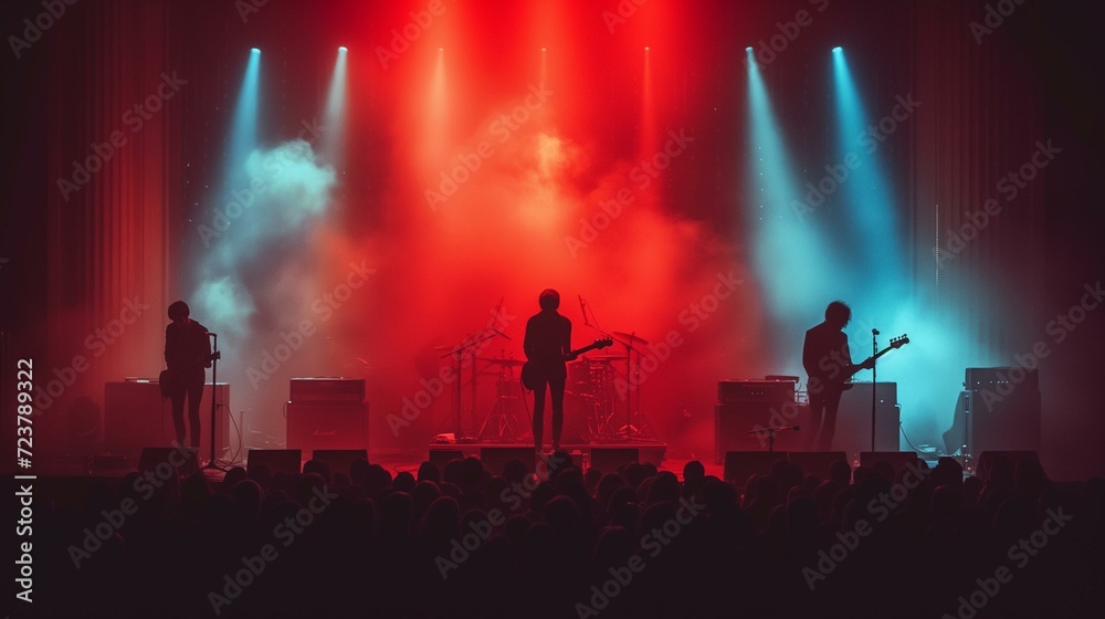 A band performs live on stage, silhouetted against a colorful light show.