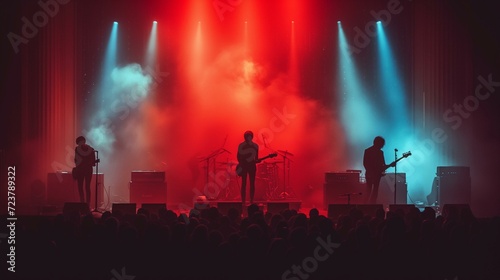 A band performs live on stage, silhouetted against a colorful light show. photo