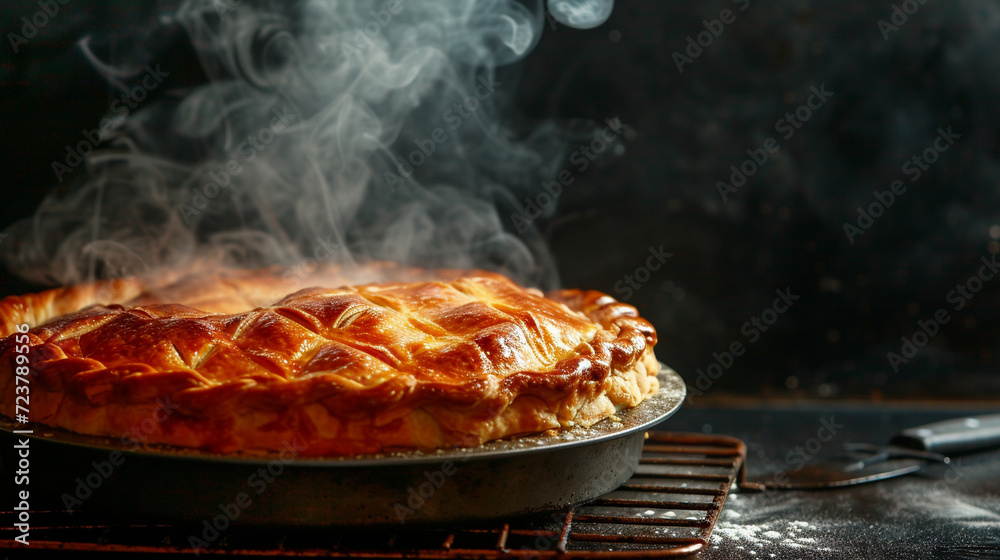 A steaming hot pie with a golden crust, fresh out of the oven, bakery, dynamic and dramatic compositions, with copy space