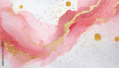 Abstract rose blush liquid watercolor background with golden dots and stains photo