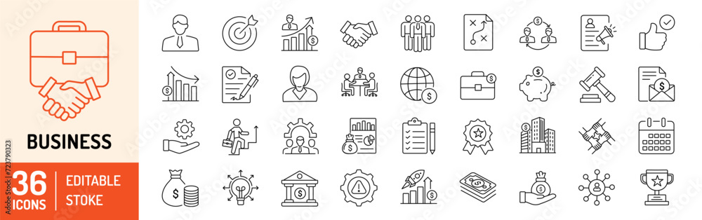 © VSK Graphics - Business editable stroke outline icons set. Business, target, strategy, meeting, management, teamwork, marketing, service, partnership and handshake. Vector illustration