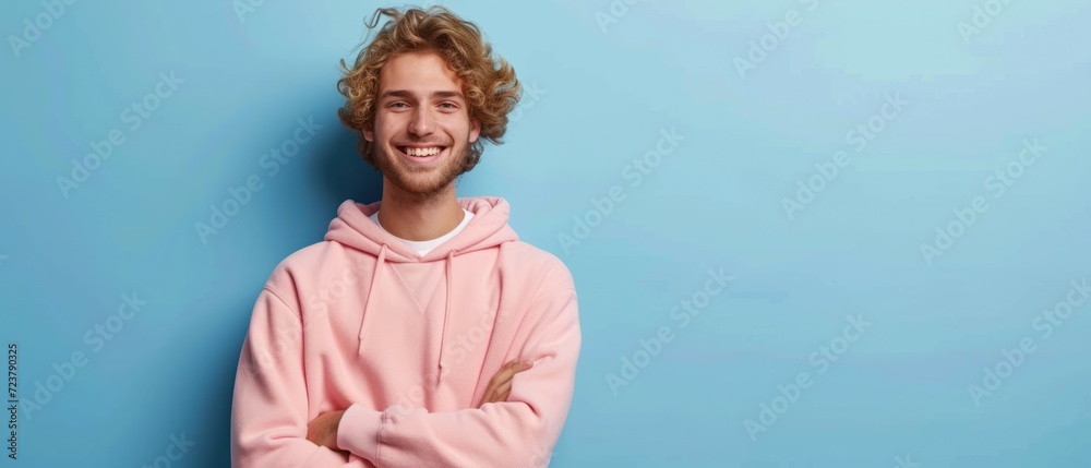 Portrait of happy man with curly hair smile toothily keeps arms down wears casual pink hoodie looks cheerful isolated over blue background being in good mood with copy space. Generative ai Portrait of happy man with curly hair smile toothily keeps arms down wears casual pink hoodie looks cheerful isolated over blue background being in good mood with copy space. Generative ai