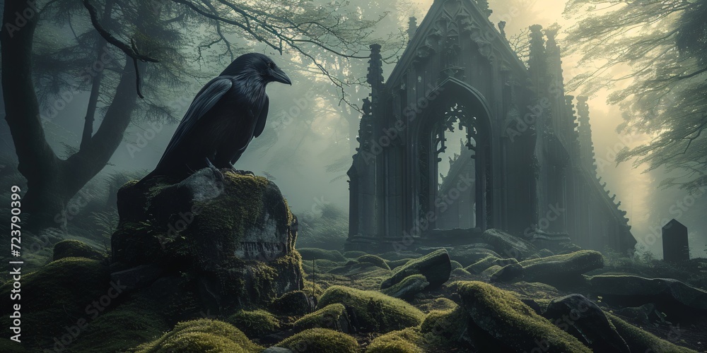 fantasy illustration of a old church with raven - obrazy, fototapety, plakaty 