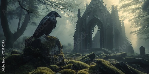 fantasy illustration of a old church with raven photo